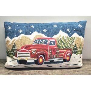 Living Quarters Red Truck Christmas Pillow Embroidered 12x21 Farmhouse Decor EUC